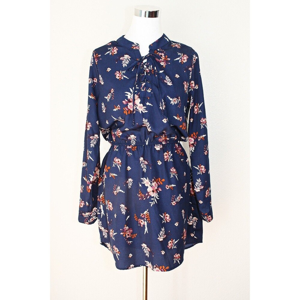 NWT JASTIFY Y2K Dress Sz. M Hi-Low Dark Blue Floral Front Lacing City Casual #02